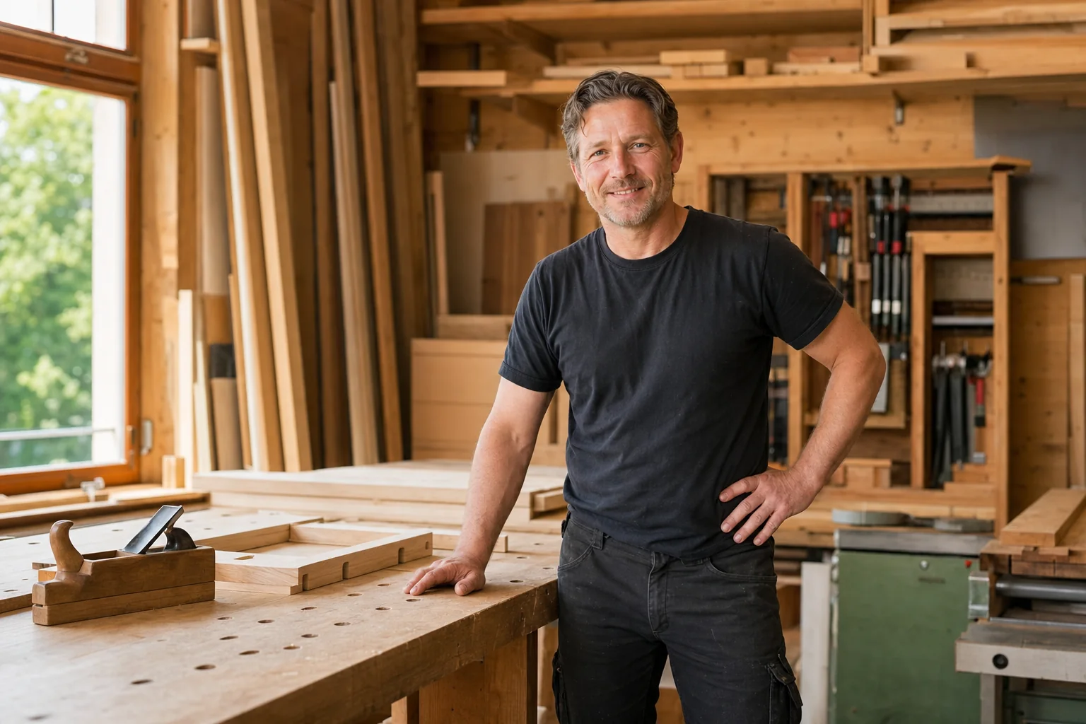 Carpentry owner in a modern wood workshop